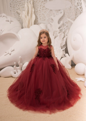 Maroon Lace Applique Tulle Keyhole Corset Back Flower Girl Dress